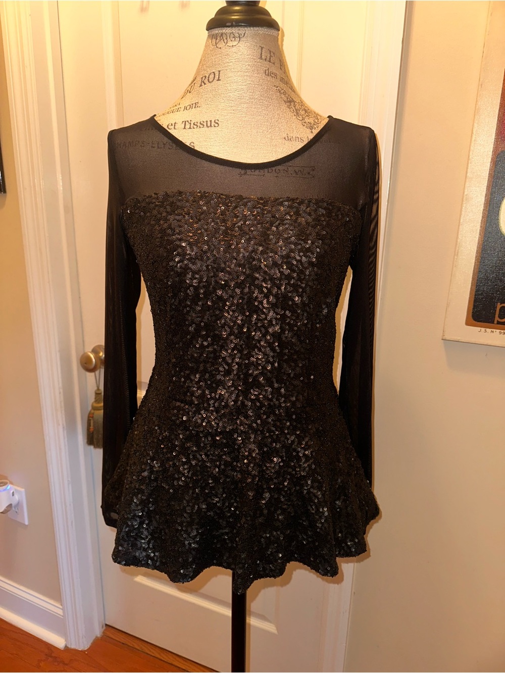 Boston Proper Black Sequin Peplum Tunic with Sheer Yoke